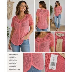 🌸 Cedar Rose Coral Lace Burnout Boho Top NWT XL